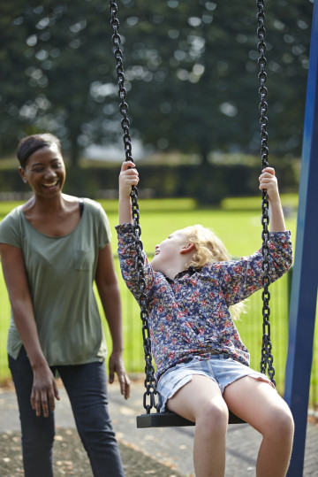 Mum and girl in park on swing